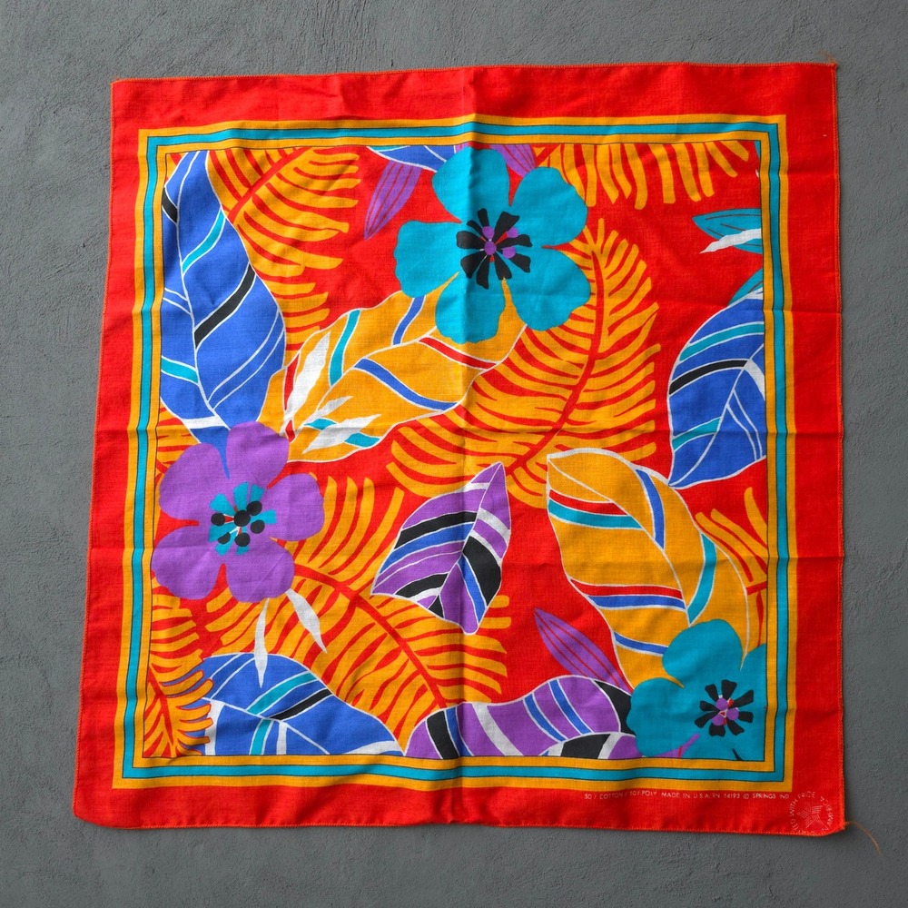 Vintage 90s Red Floral Bandana OS Tropical Hibiscus Leaf Print Springs Ind